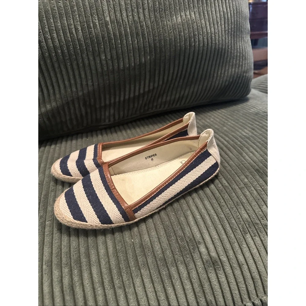 Corkys Corky's Navy Cream Striped Espadrille Flat Loafer Slip Ons Sz 8